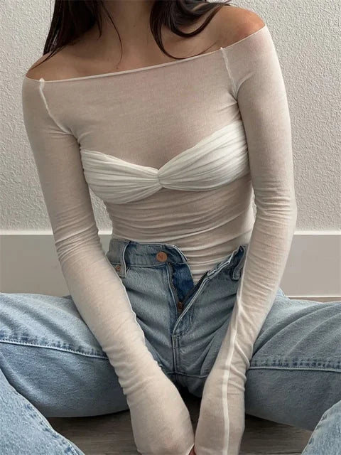 Off-Shoulder Ruched Mesh Crop Top for Women – Elegant Partywear