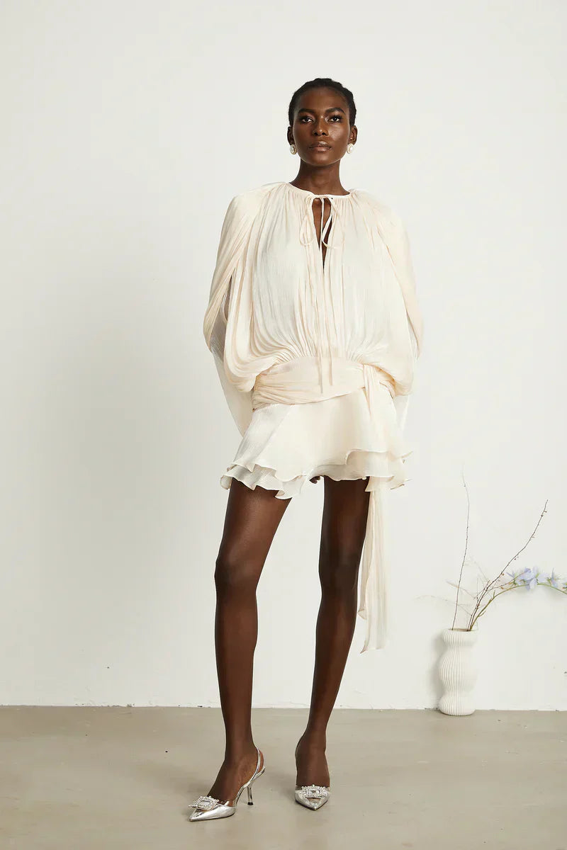 Cream Pleated Long-Sleeve Mini Dress – Elegant Flowing Party Dress