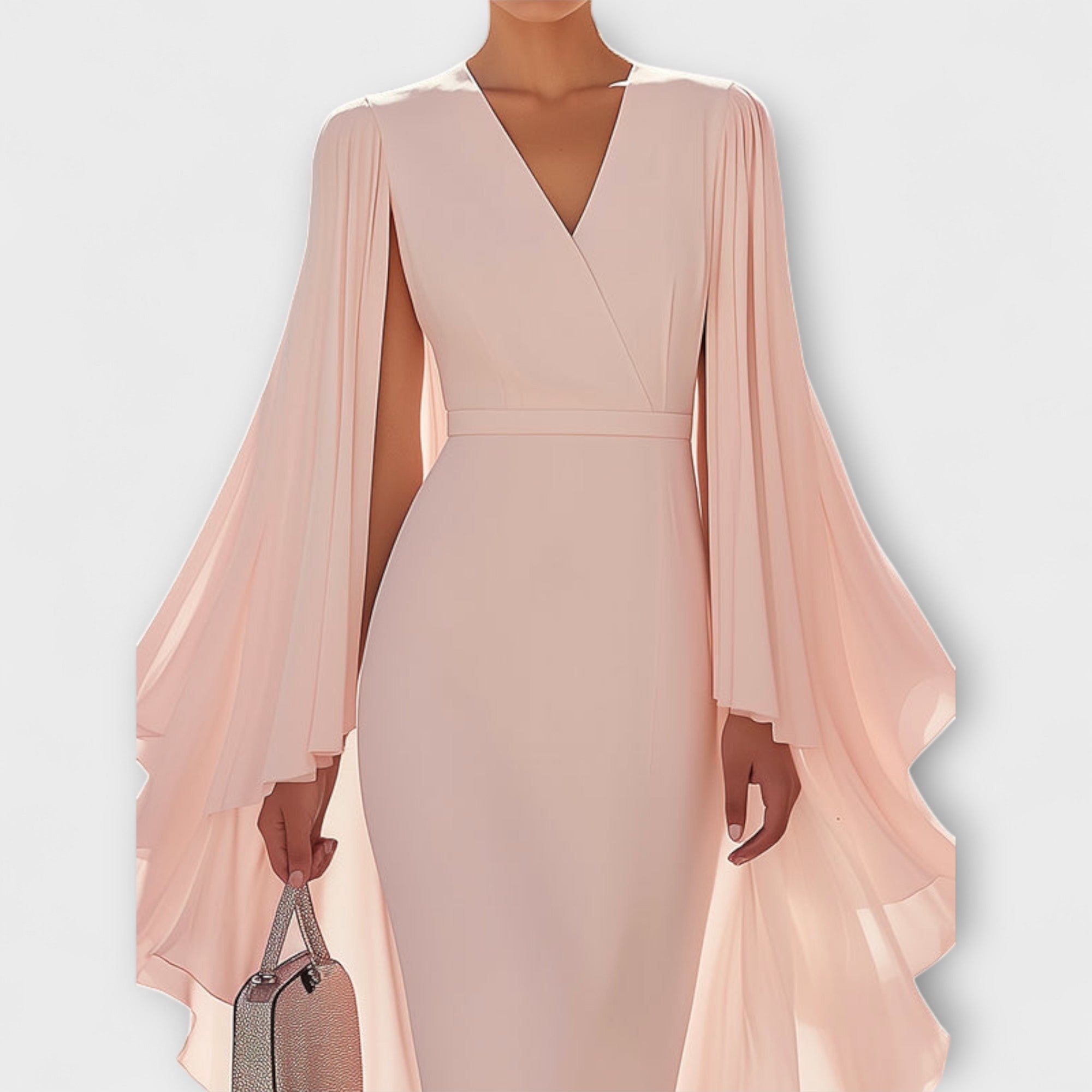 Rachel - Růžové midi šaty s výstřihem do V a chiffonovými rukávy