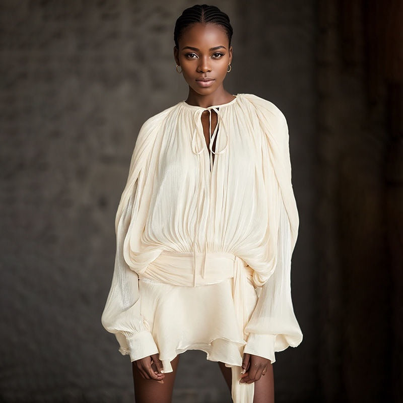 Cream Pleated Long-Sleeve Mini Dress – Elegant Flowing Party Dress