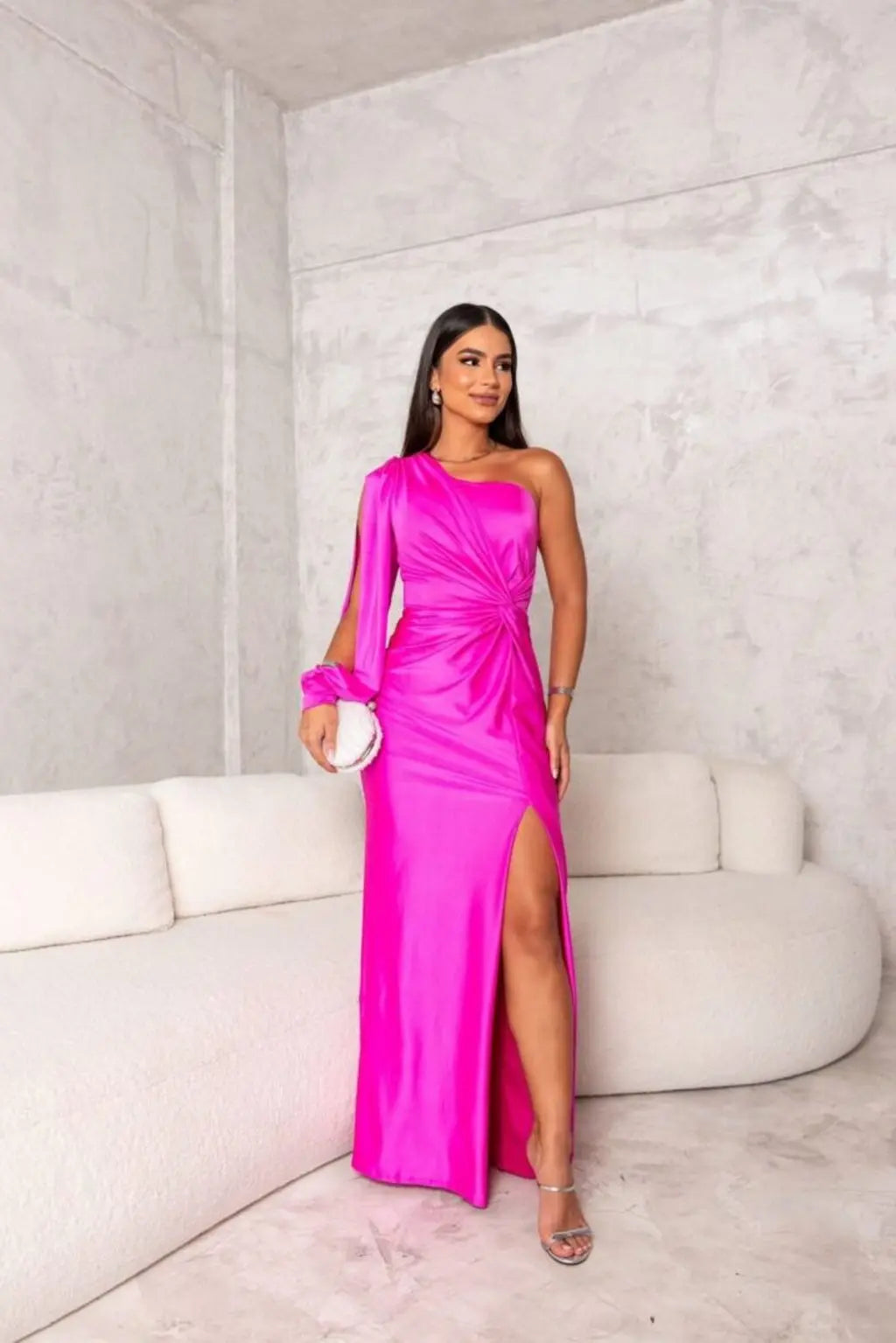 One-Shoulder Satin Slit Maxi Dress – Elegant Evening Gown