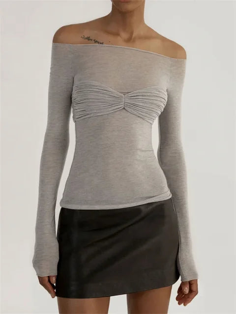 Off-Shoulder Ruched Mesh Crop Top for Women – Elegant Partywear