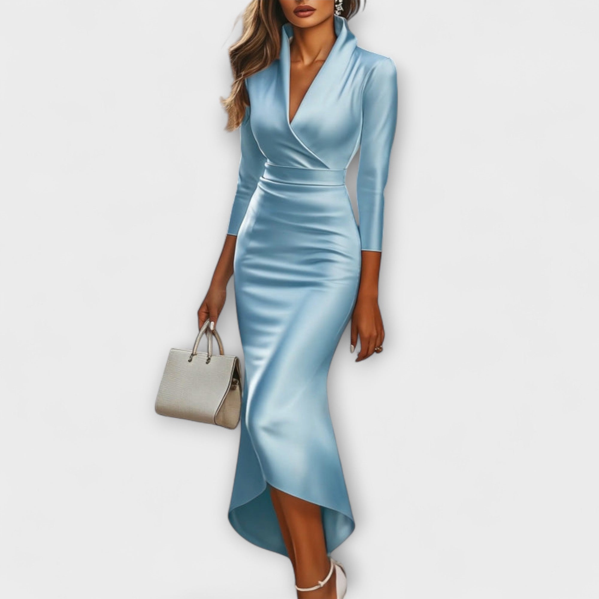 Rebecca - Elegantní bílá saténová midi šaty s výstřihem do V