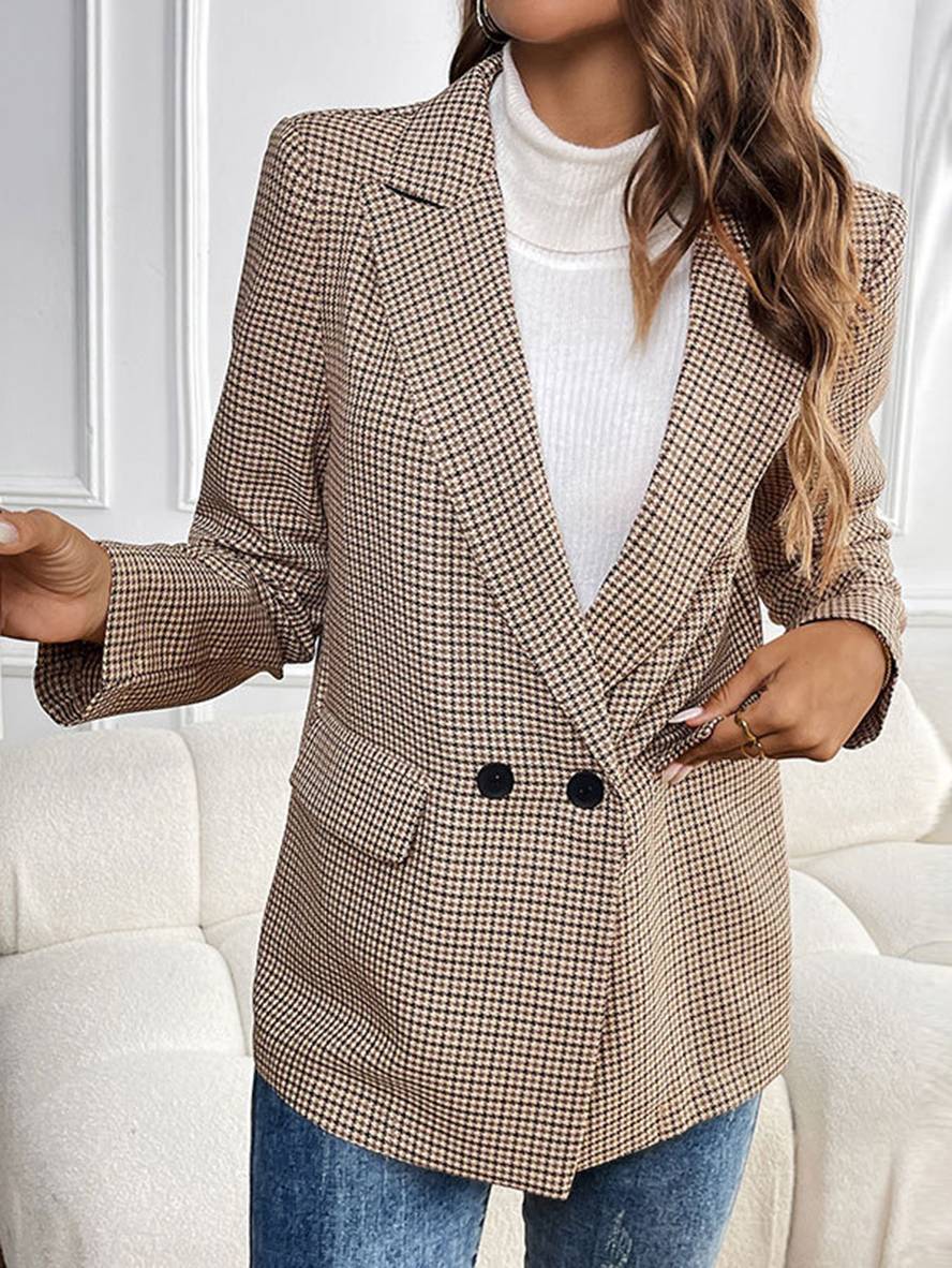 Houndstooth Double-Breasted Blazer – Chic Casual to Formal Outerwear