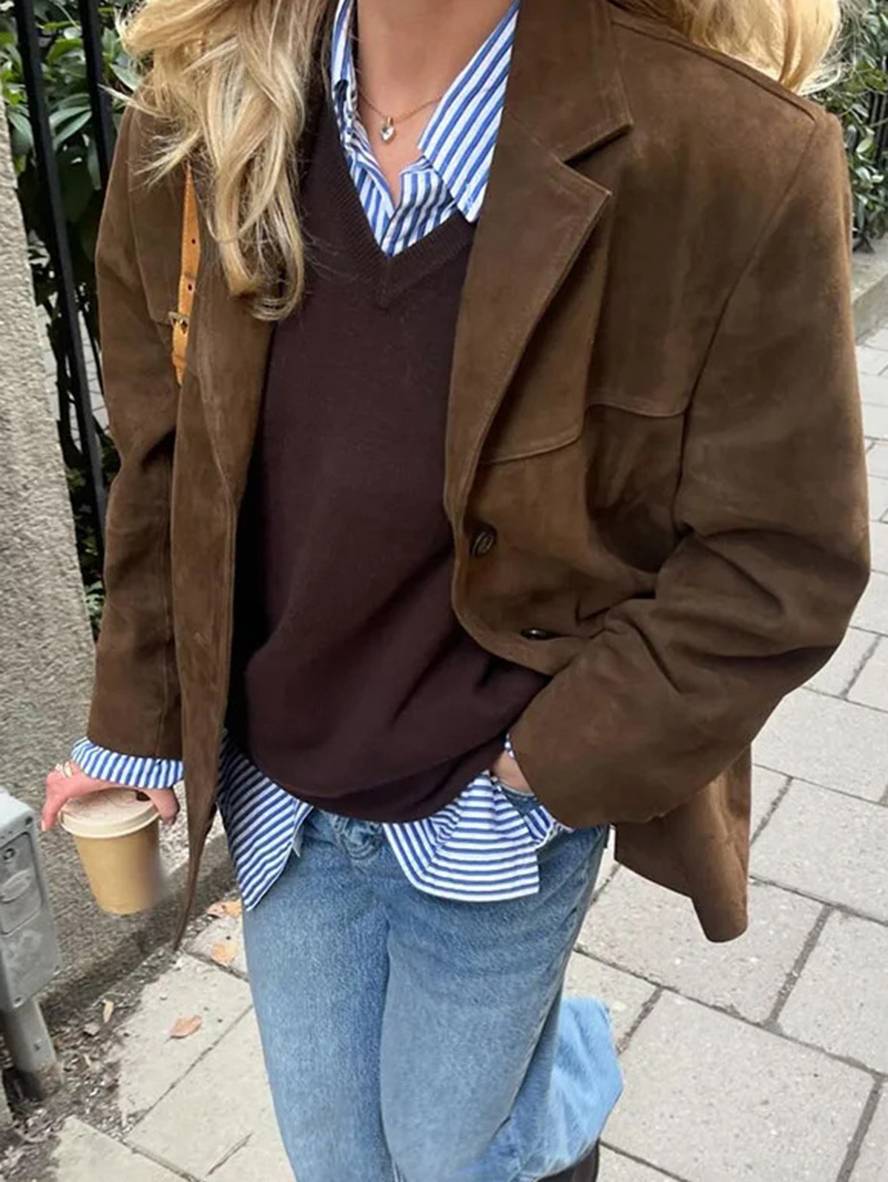 Oversized Suede Blazer Jacket for Women – Chic Casual Outerwear
