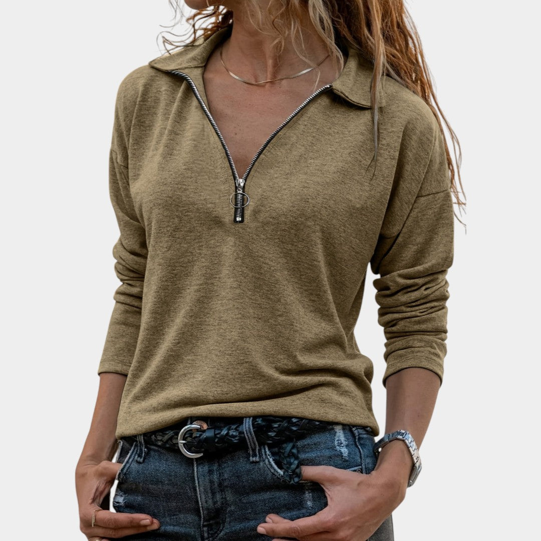 Eva – Dámský žebrovaný svetr s půlzipem