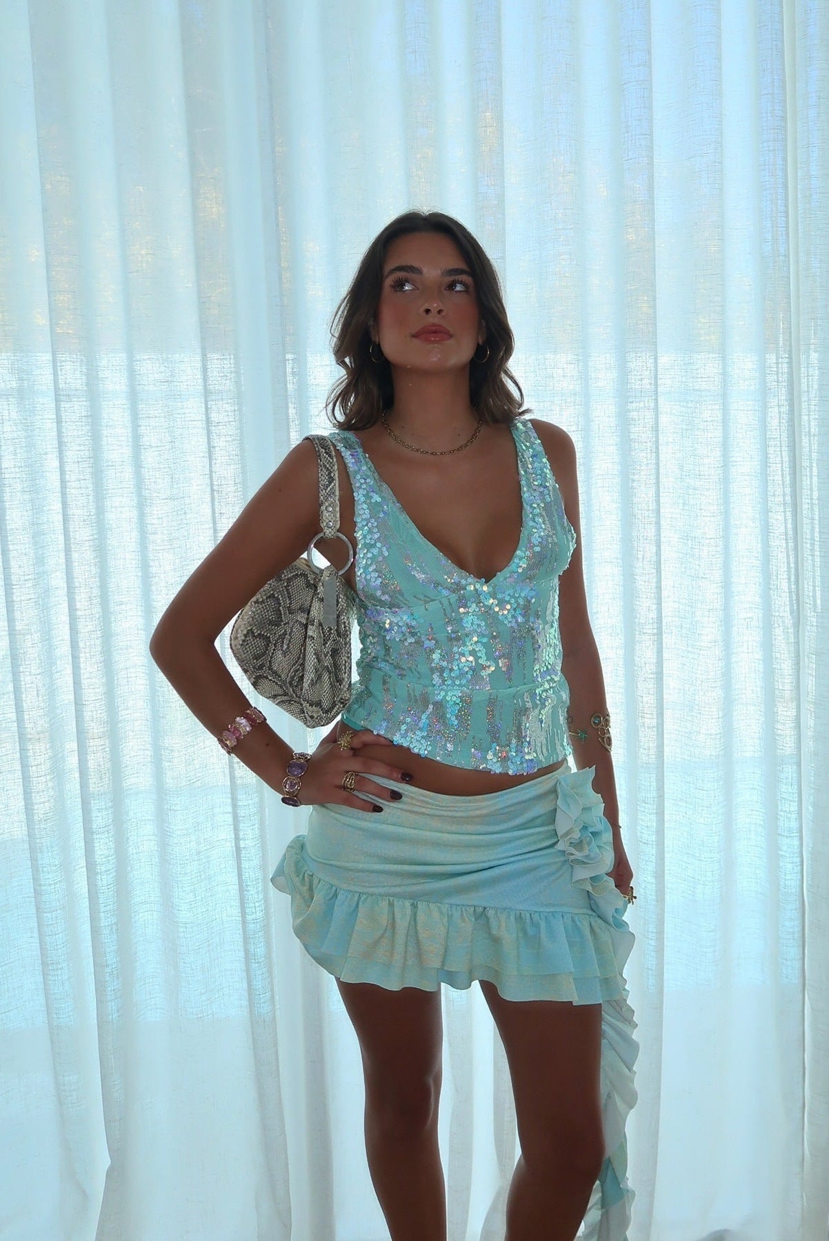 Pink Sequin V-Neck Tank Top for Women – Party Glam Sleeveless Blouse