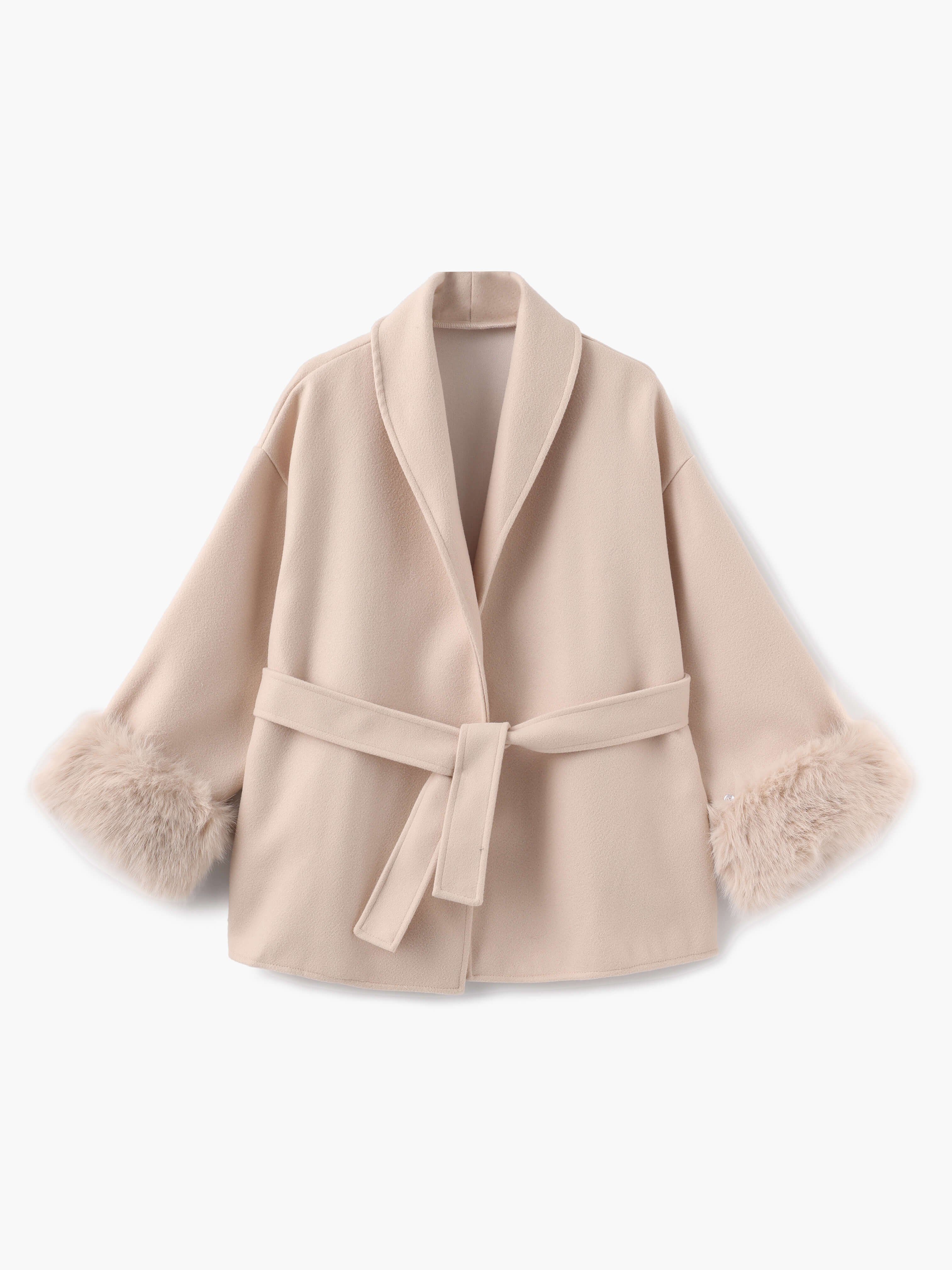 Belted Wool-Blend Coat with Faux Fur Cuffs – Women’s Elegant Outerwear
