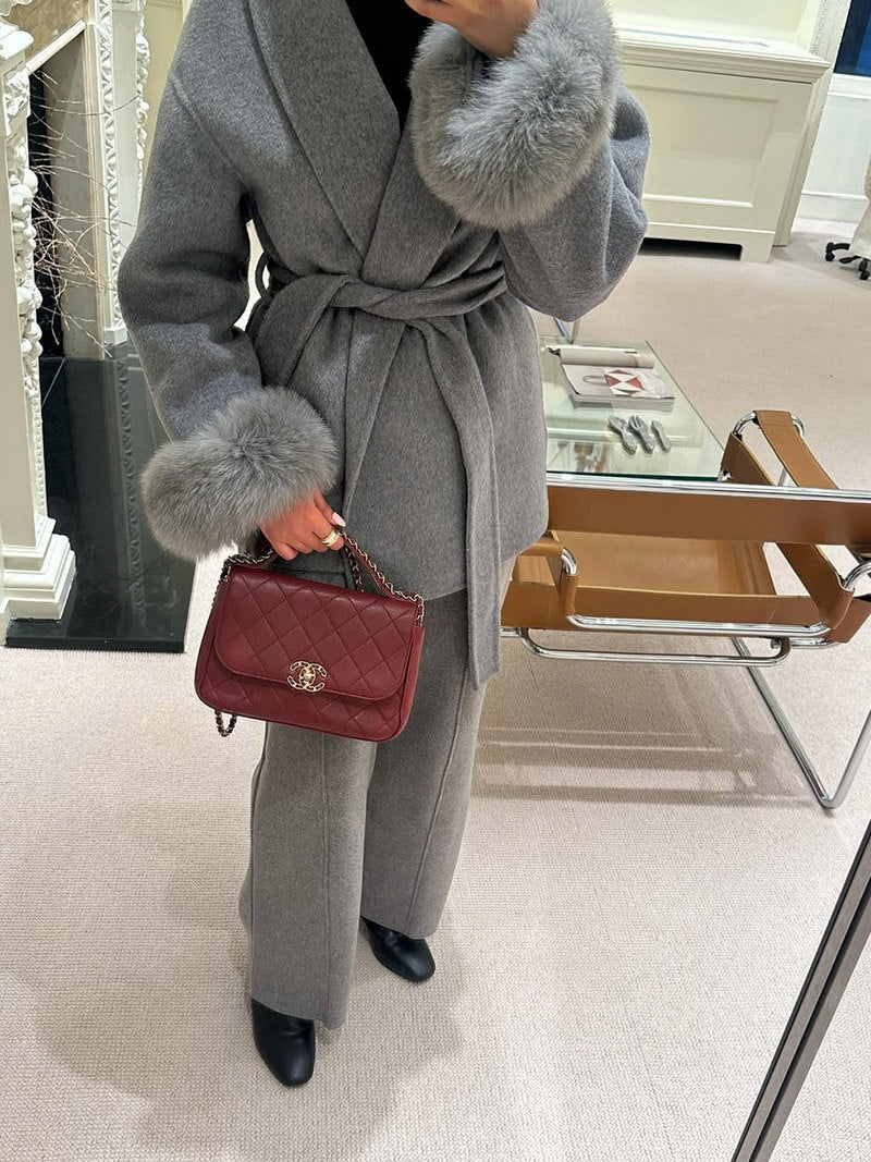 Belted Wool-Blend Coat with Faux Fur Cuffs – Women’s Elegant Outerwear