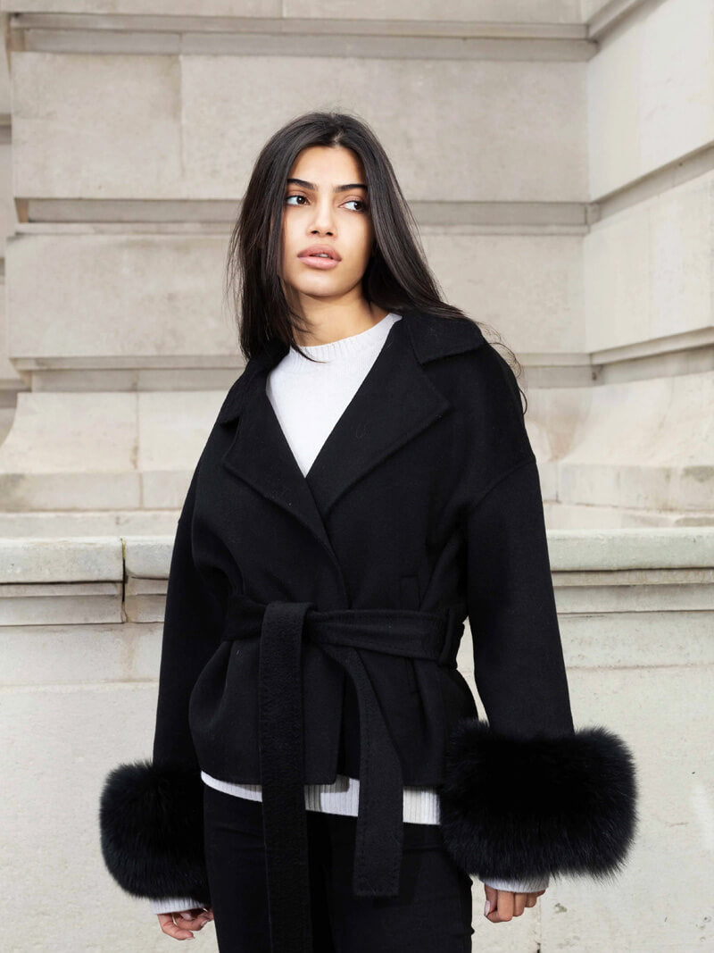 Belted Wool-Blend Coat with Faux Fur Cuffs – Women’s Elegant Outerwear