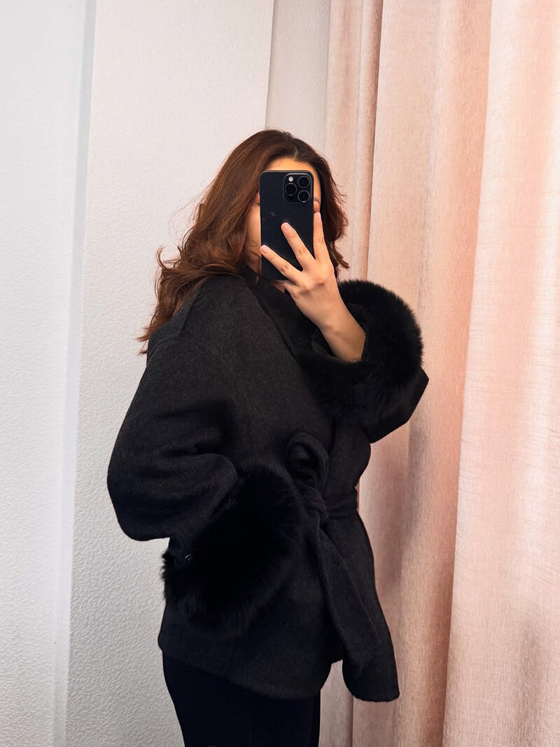 Belted Wool-Blend Coat with Faux Fur Cuffs – Women’s Elegant Outerwear