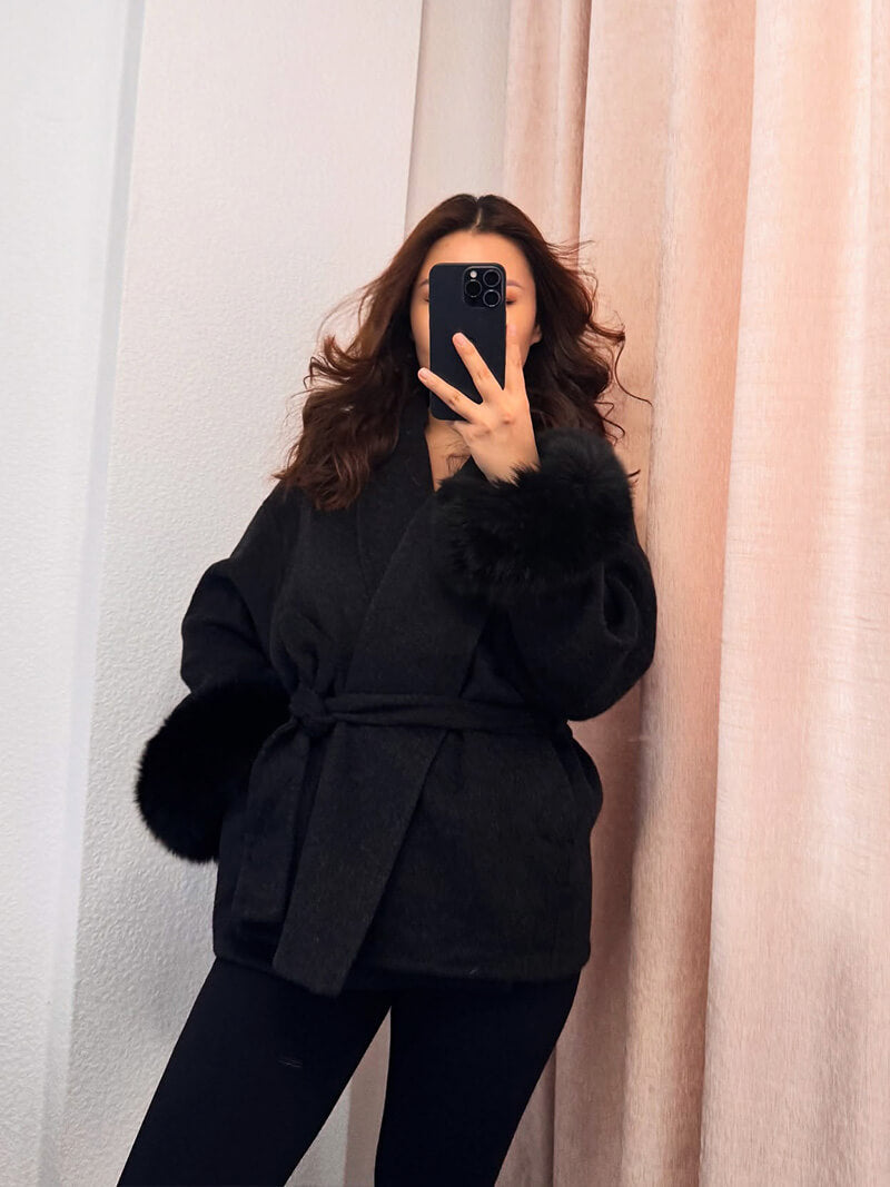 Belted Wool-Blend Coat with Faux Fur Cuffs – Women’s Elegant Outerwear