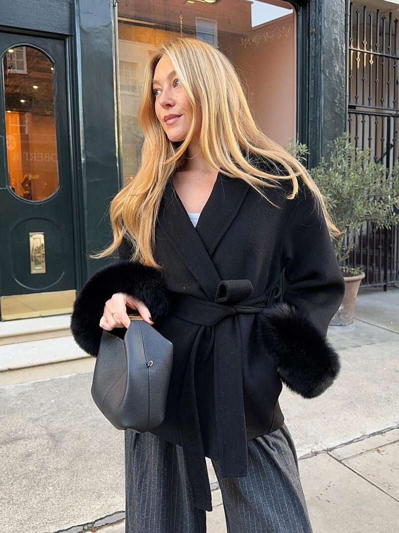 Belted Wool-Blend Coat with Faux Fur Cuffs – Women’s Elegant Outerwear