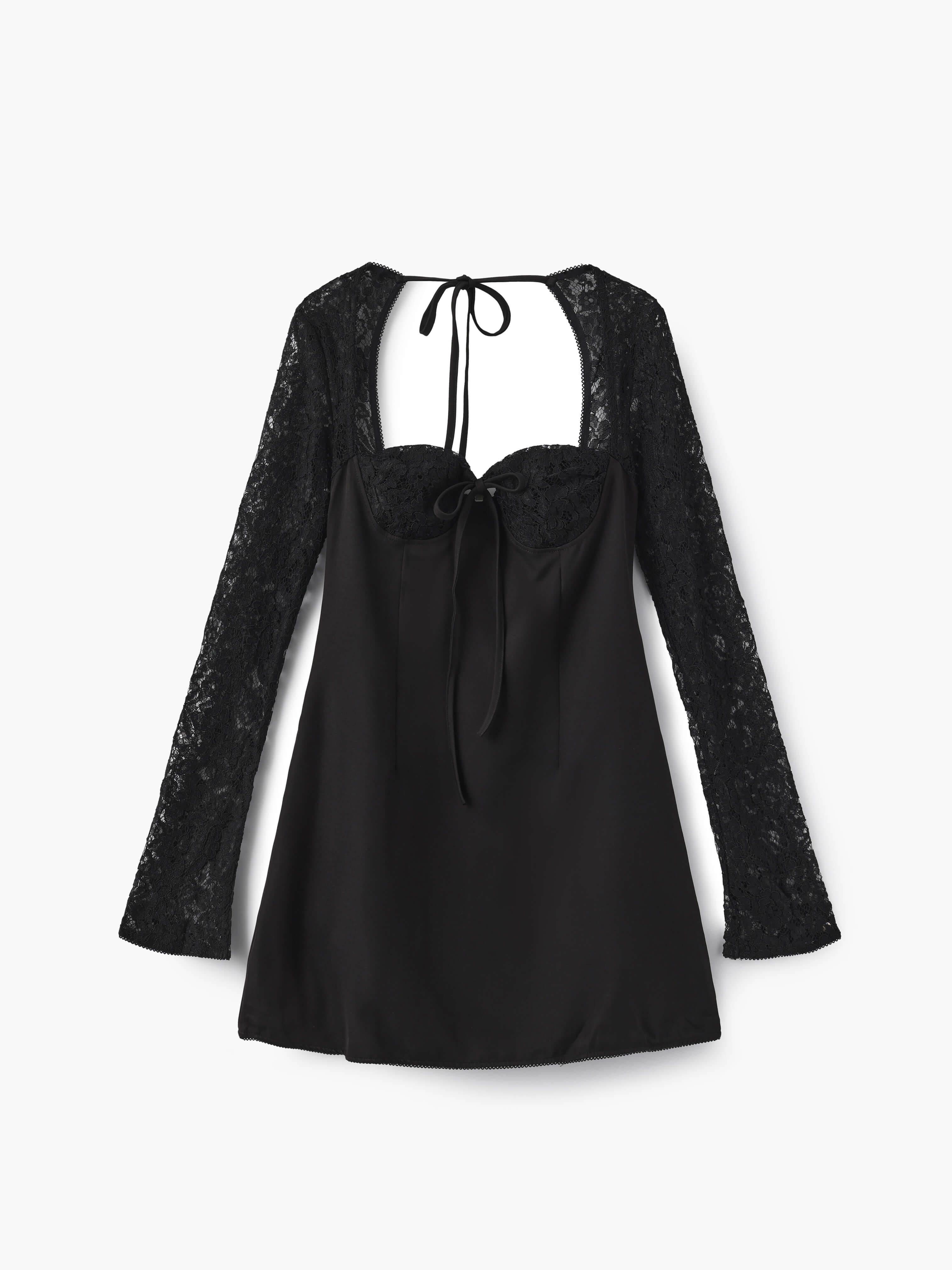 Black Satin & Lace Mini Dress – Elegant Long Sleeve Night Out Look