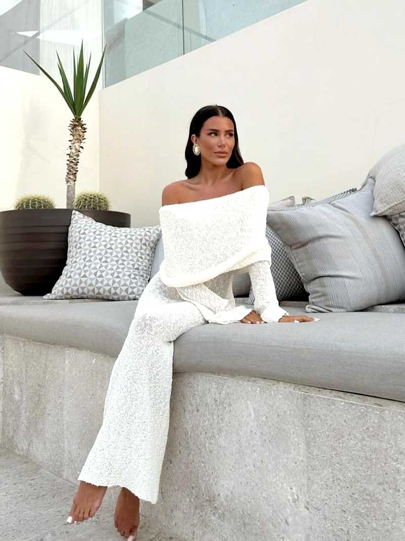 Off-Shoulder Knitted White Maxi Dress – Elegant Resort Wear