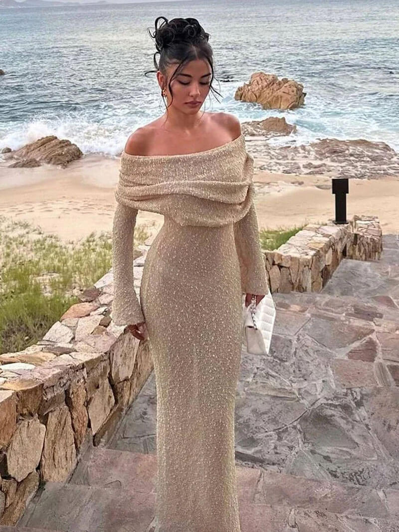 Off-Shoulder Knitted White Maxi Dress – Elegant Resort Wear