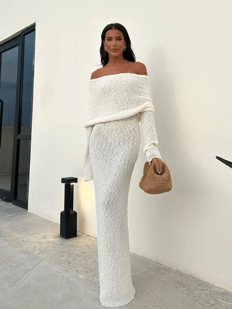 Off-Shoulder Knitted White Maxi Dress – Elegant Resort Wear
