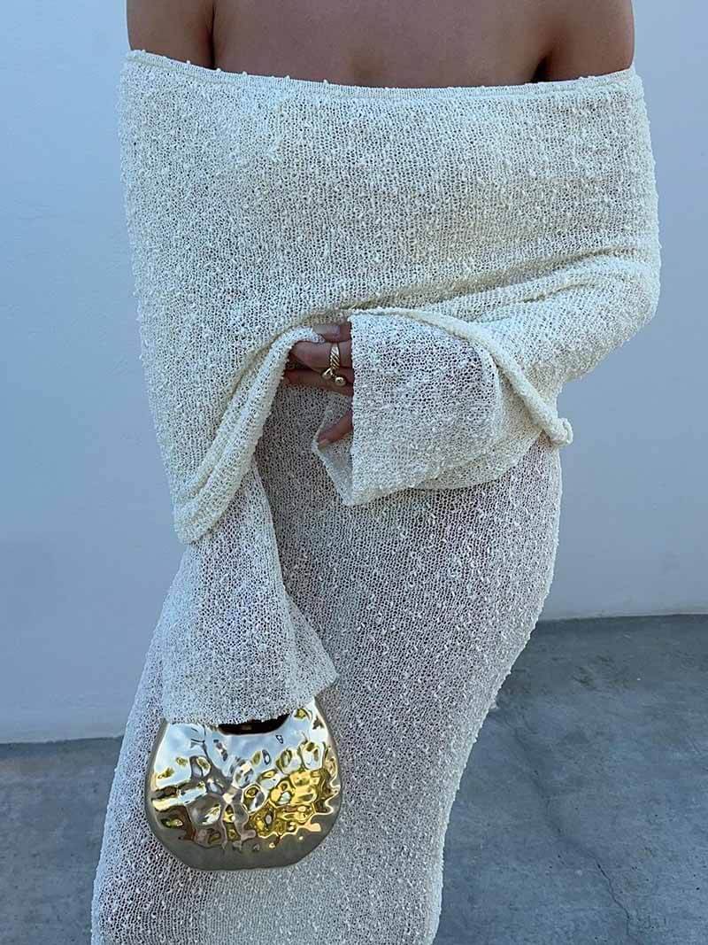 Off-Shoulder Knitted White Maxi Dress – Elegant Resort Wear