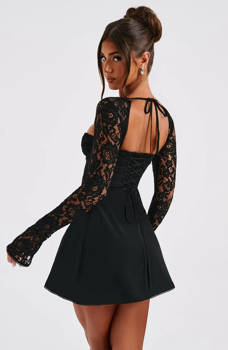 Black Satin & Lace Mini Dress – Elegant Long Sleeve Night Out Look