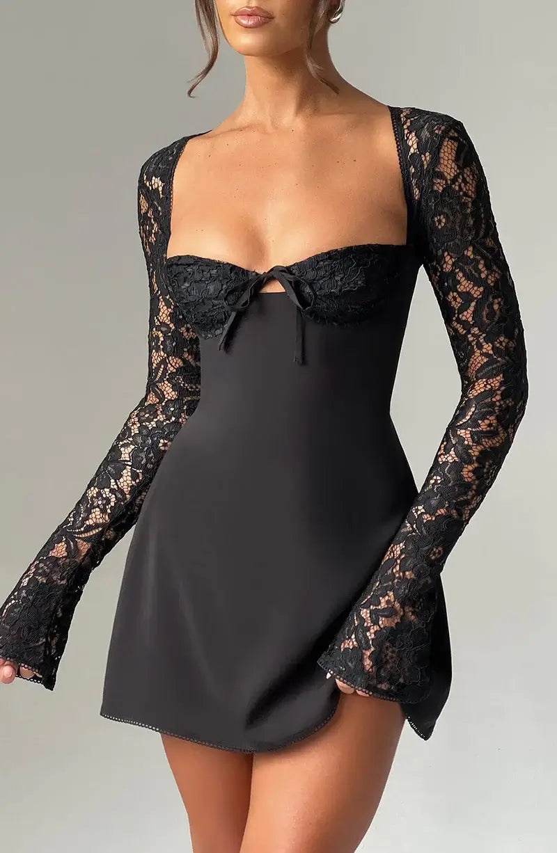 Black Satin & Lace Mini Dress – Elegant Long Sleeve Night Out Look