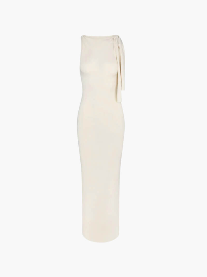 White One-Shoulder Knotted Evening Dress – Elegant Fit