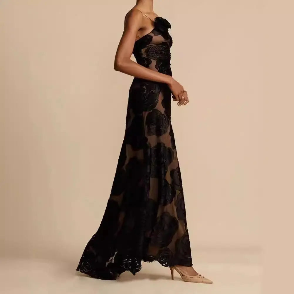 Strapless Floral Mesh Maxi Gown – Elegant Evening Wear