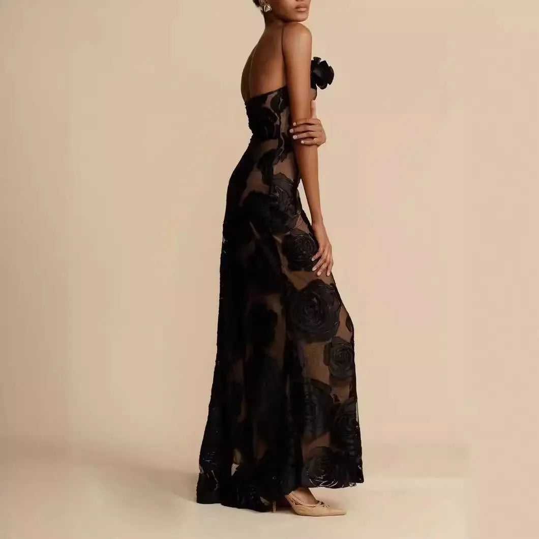 Strapless Floral Mesh Maxi Gown – Elegant Evening Wear