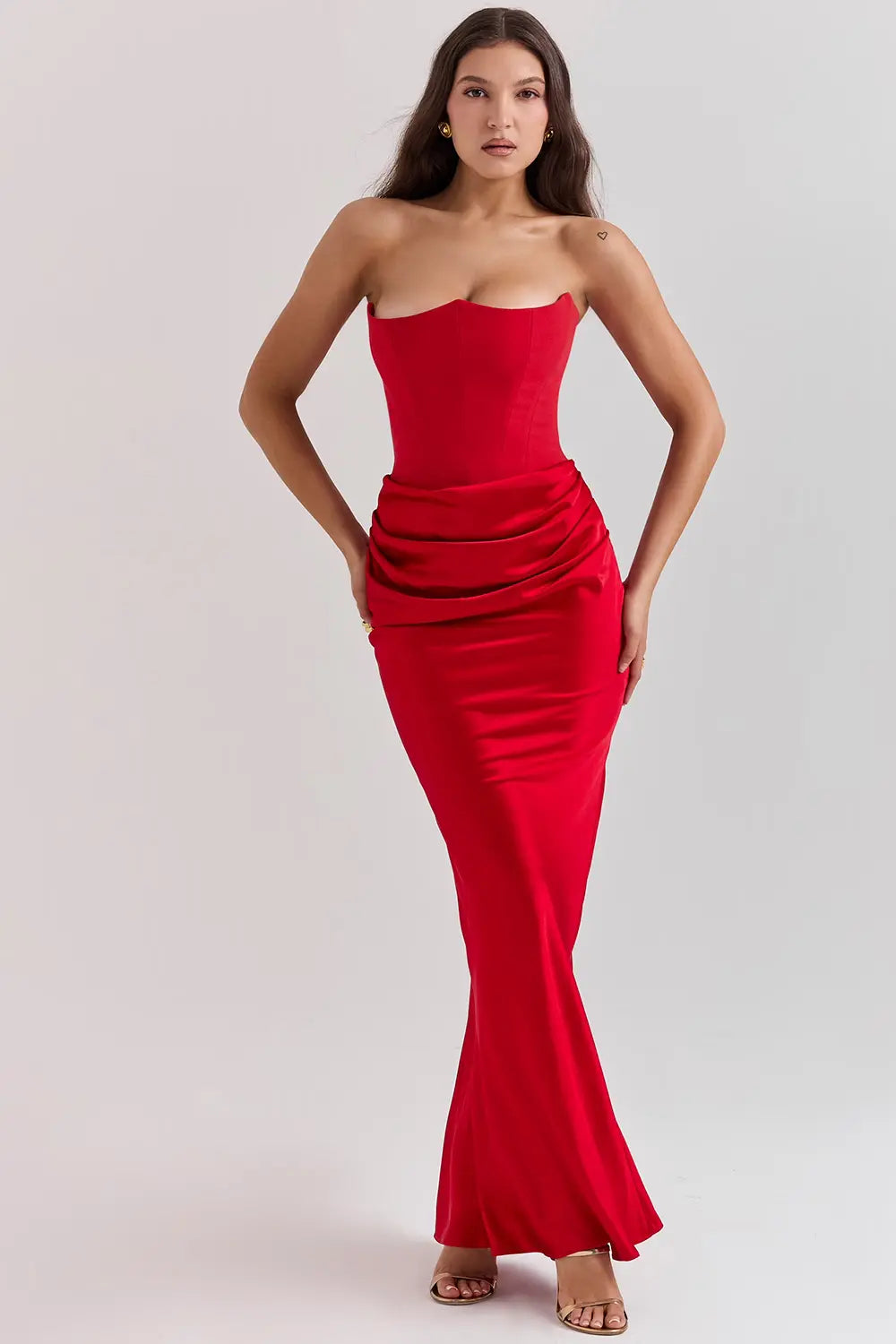 Strapless Satin Draped Maxi Dress – Elegant Evening Gown