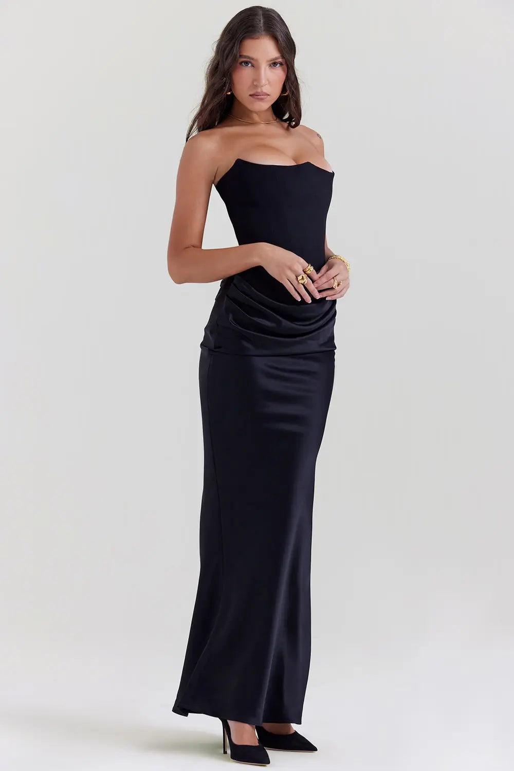 Strapless Satin Draped Maxi Dress – Elegant Evening Gown