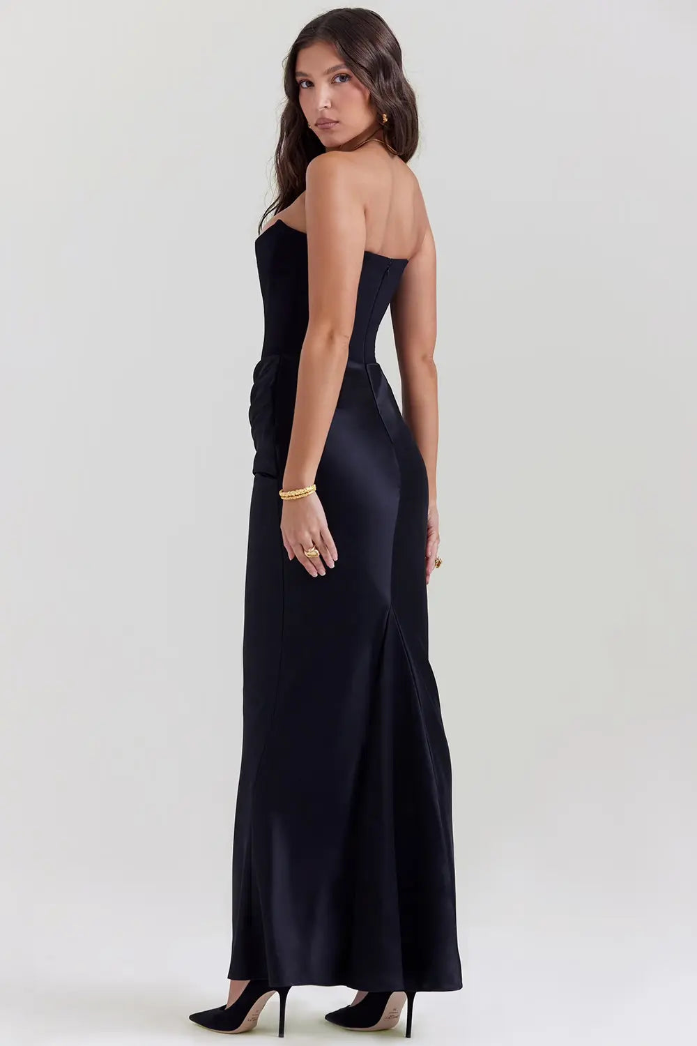 Strapless Satin Draped Maxi Dress – Elegant Evening Gown