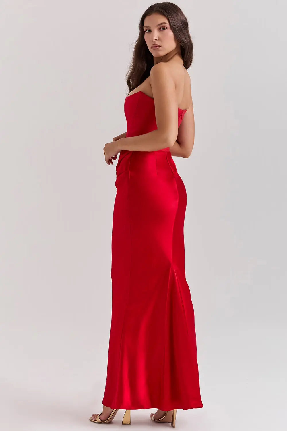 Strapless Satin Draped Maxi Dress – Elegant Evening Gown
