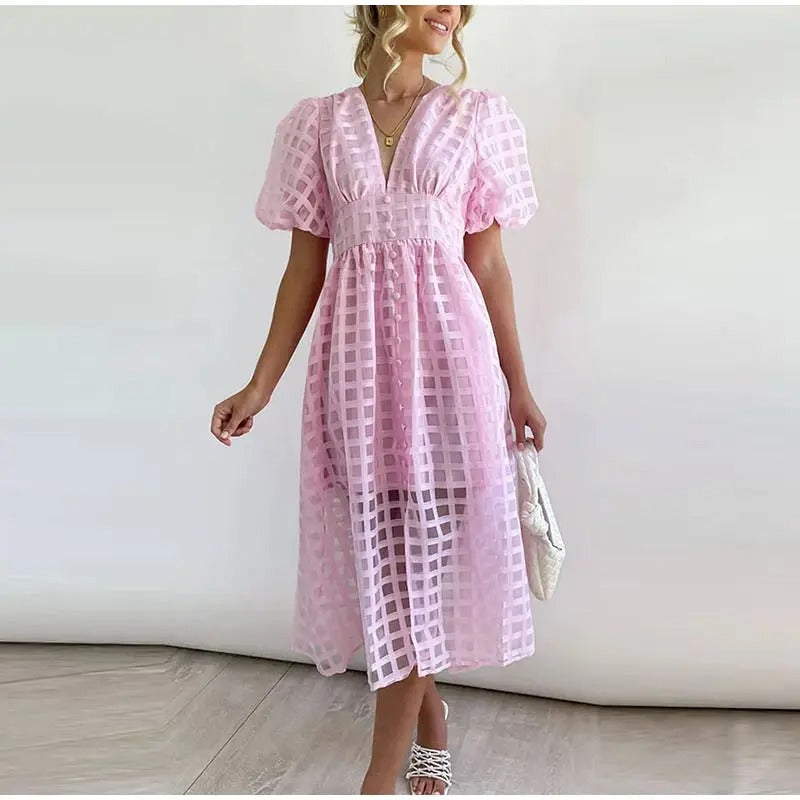 Checkered Puff Sleeve Midi Dress – Elegant Semi-Sheer Occasion Wear