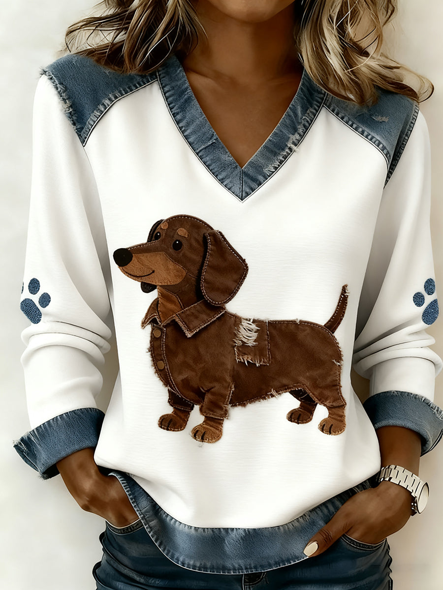 Paloma - Dámský retro top s V výstřihem, patchwork s potiskem zvířat, pohodlný a volného střihu