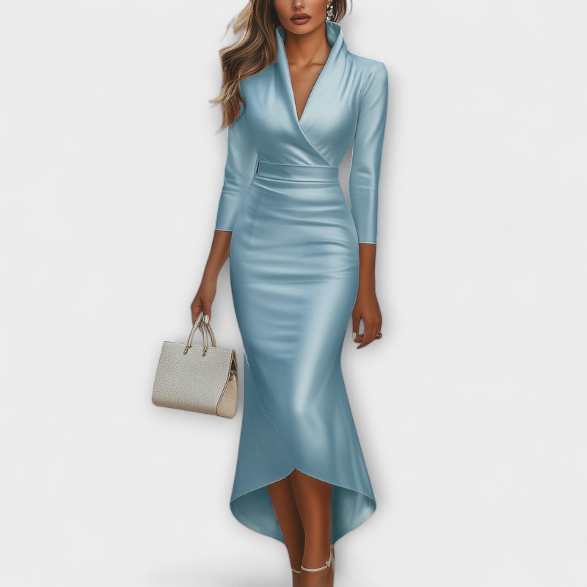 Rebecca - Elegantní bílá saténová midi šaty s výstřihem do V