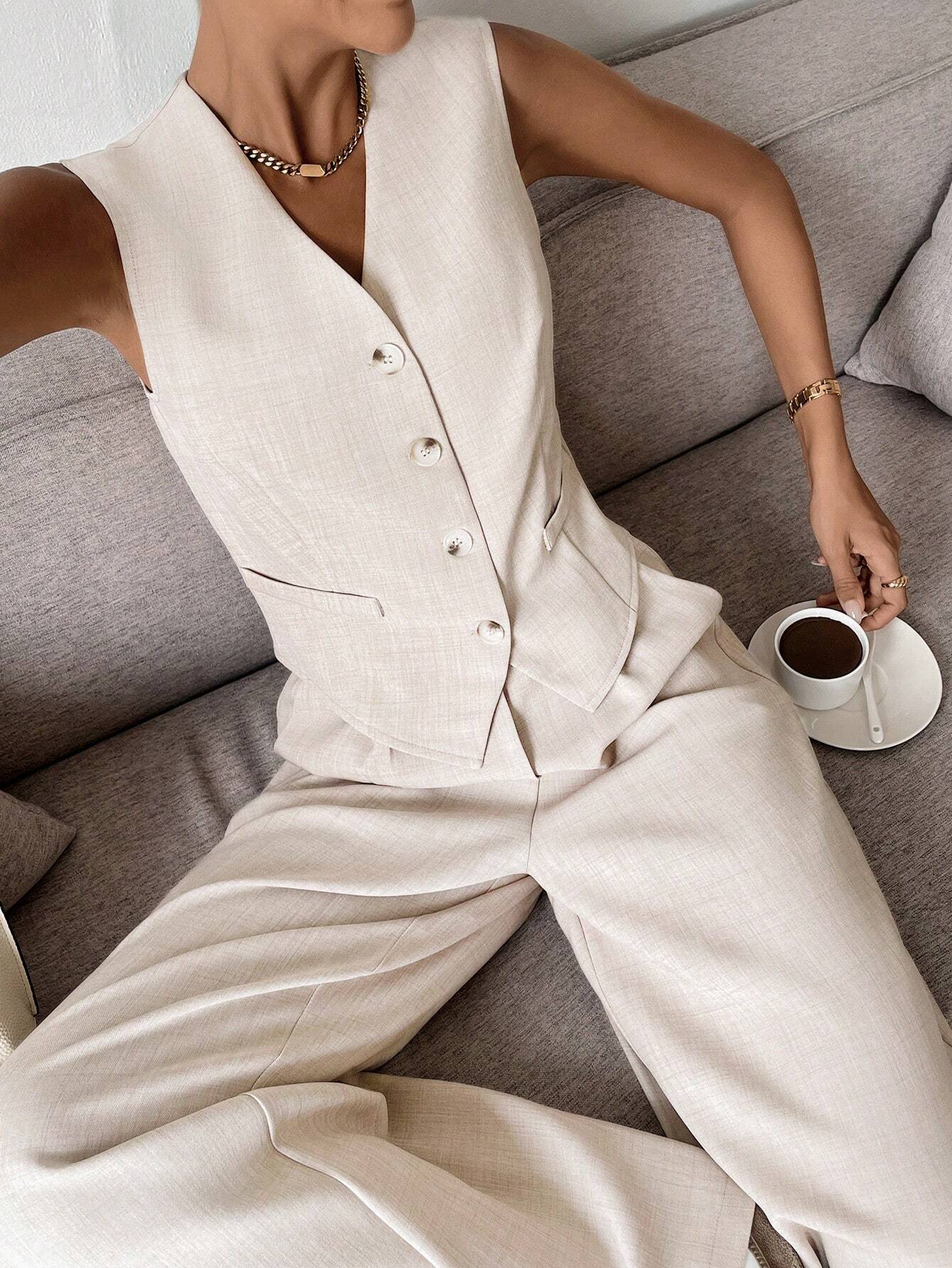 Beige Tailored Vest and Wide-Leg Pants Set – Women’s Two-Piece Suit