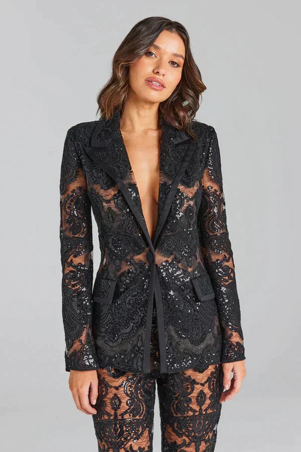 Black Lace Sequin Blazer and Pants Set – Women’s Evening Partywear