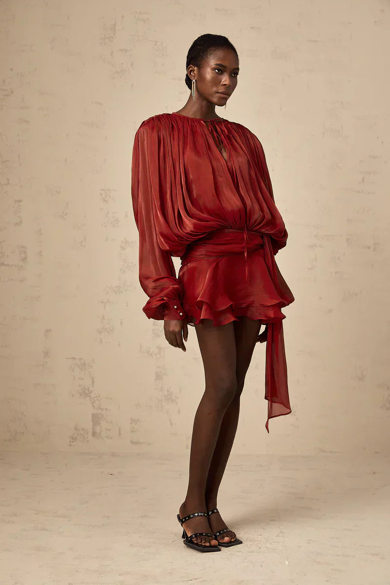 Cream Pleated Long-Sleeve Mini Dress – Elegant Flowing Party Dress