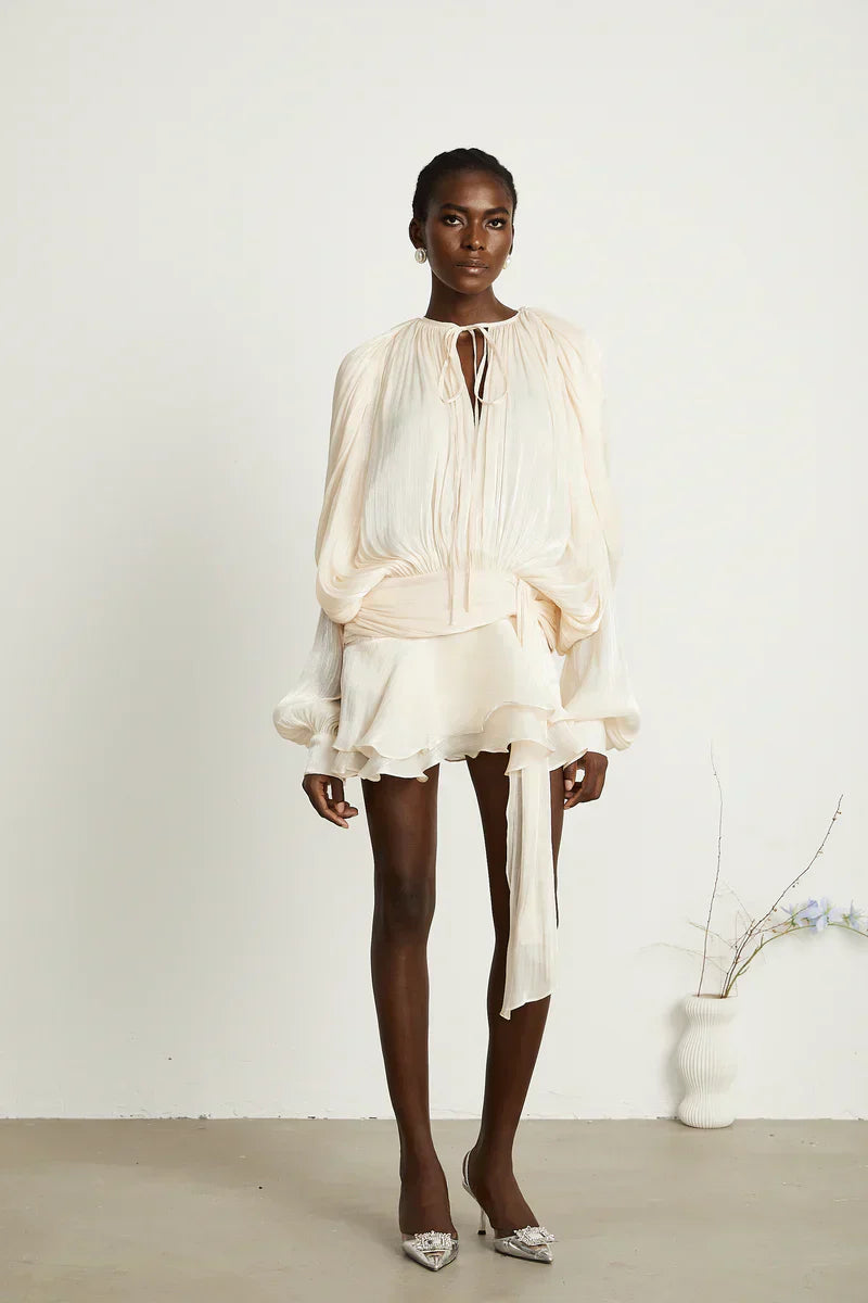 Cream Pleated Long-Sleeve Mini Dress – Elegant Flowing Party Dress