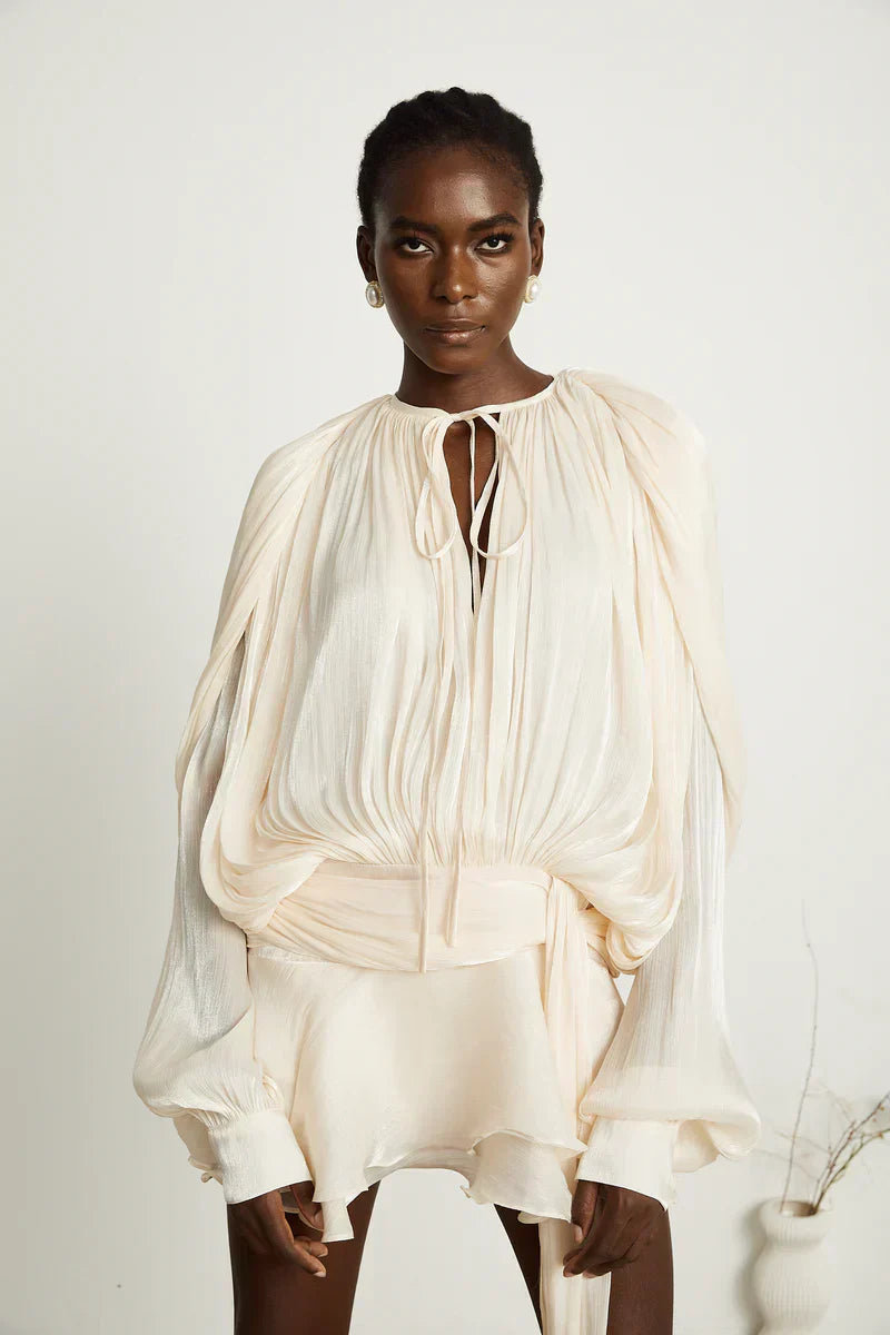 Cream Pleated Long-Sleeve Mini Dress – Elegant Flowing Party Dress