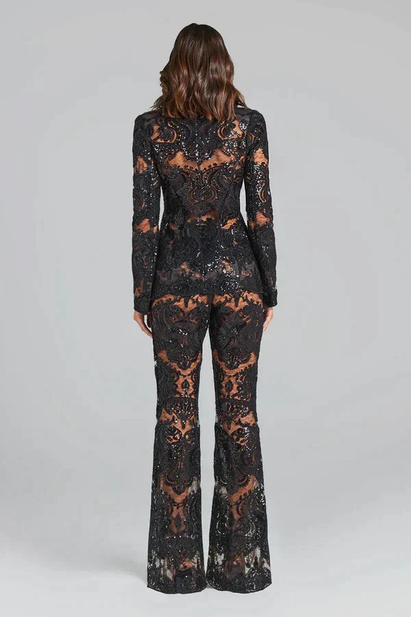 Black Lace Sequin Blazer and Pants Set – Women’s Evening Partywear