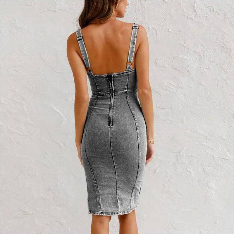 Denim Bodycon Midi Dress – Sleeveless Fitted Casual Chic
