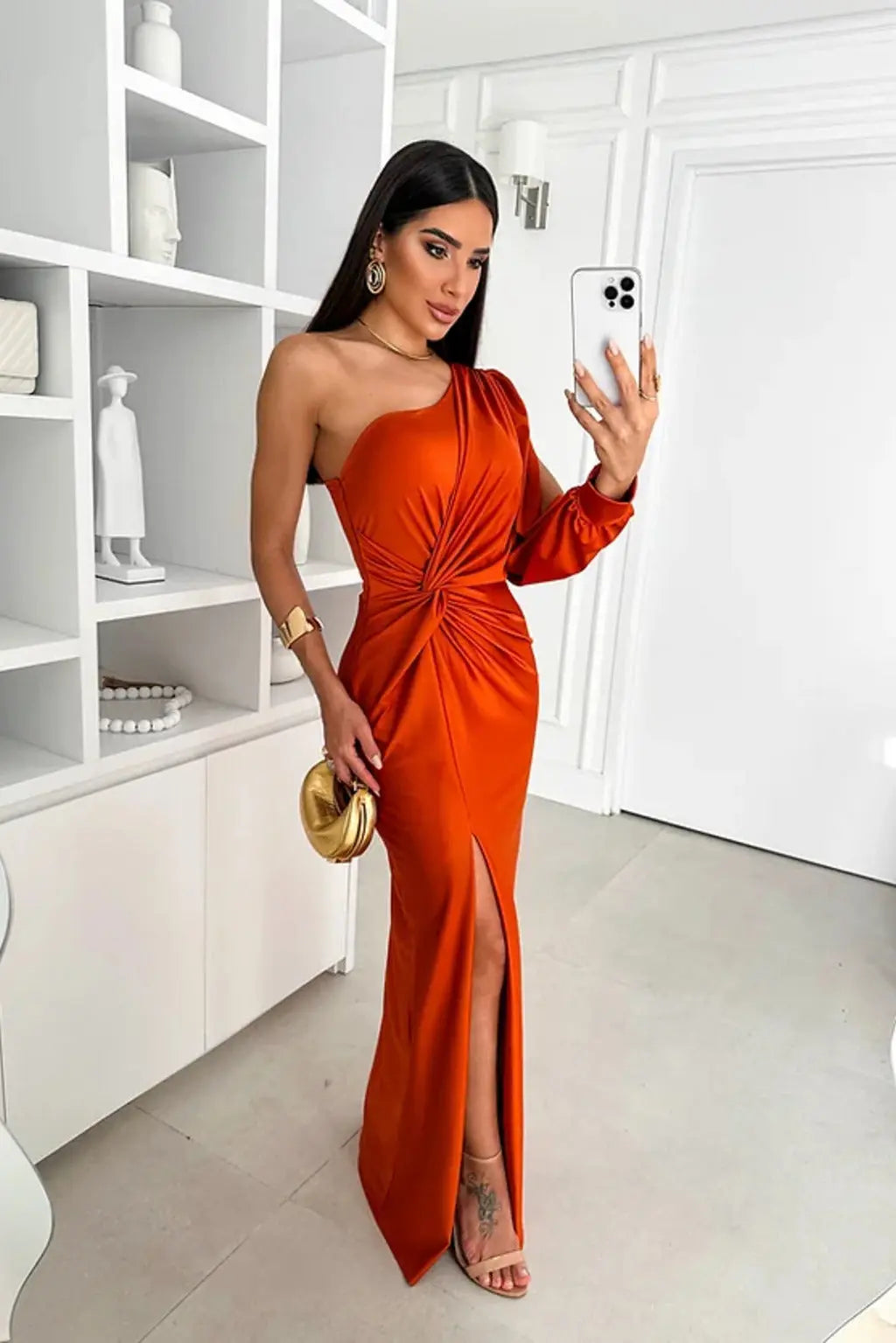 One-Shoulder Satin Slit Maxi Dress – Elegant Evening Gown