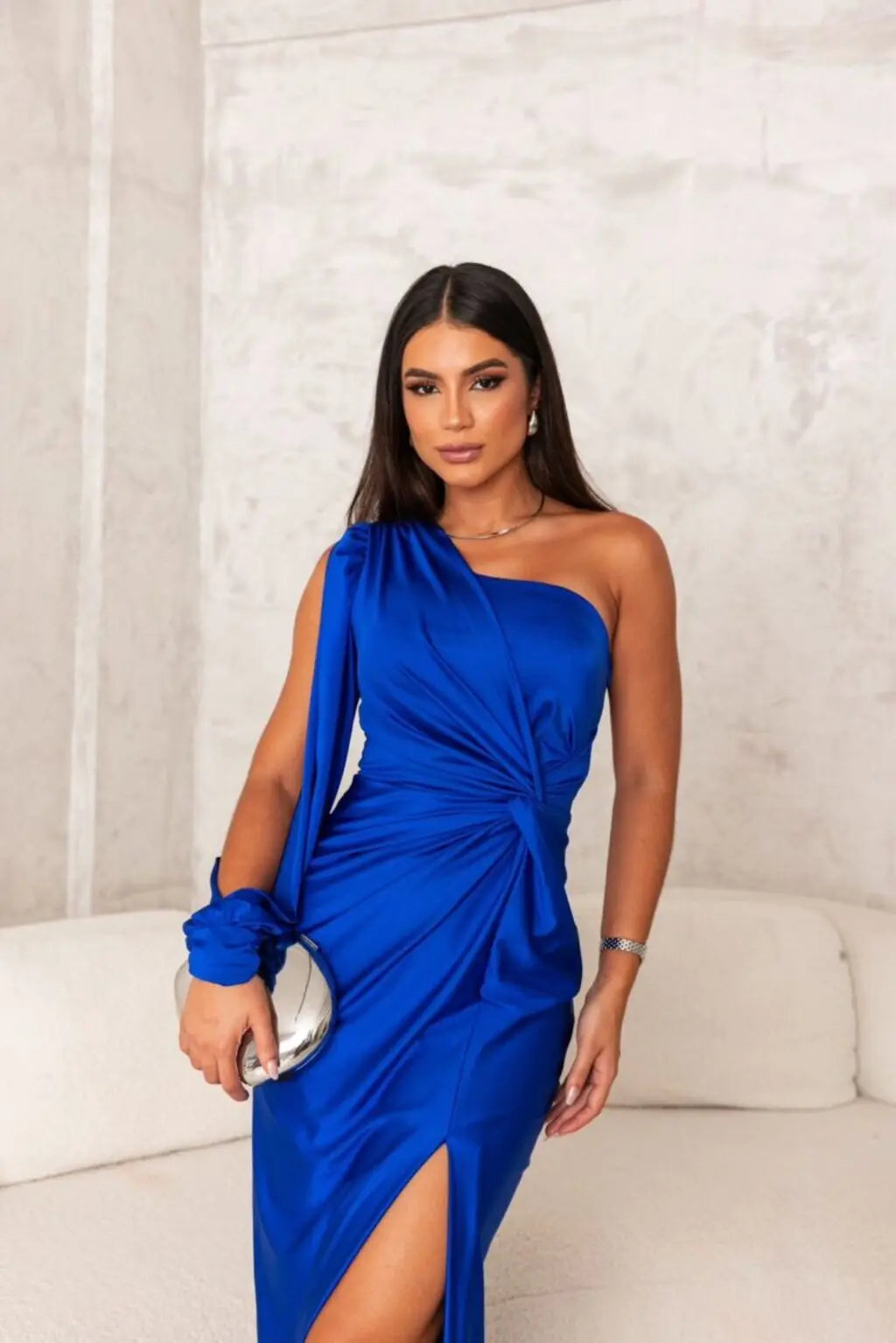 One-Shoulder Satin Slit Maxi Dress – Elegant Evening Gown