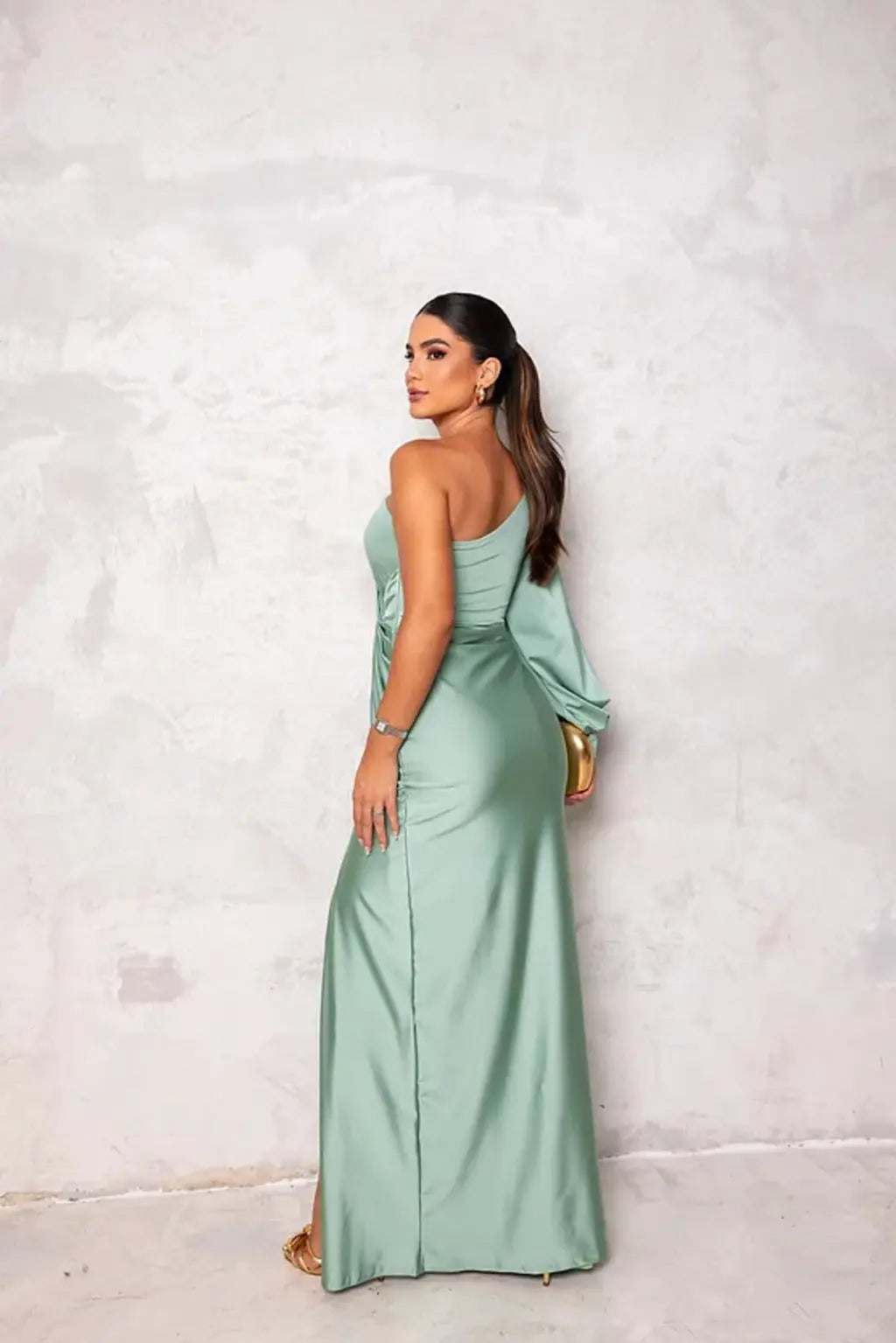 One-Shoulder Satin Slit Maxi Dress – Elegant Evening Gown