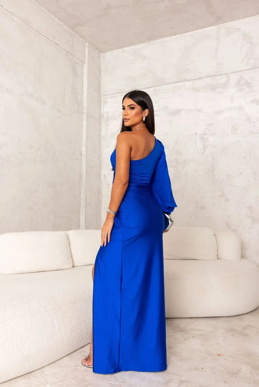 One-Shoulder Satin Slit Maxi Dress – Elegant Evening Gown