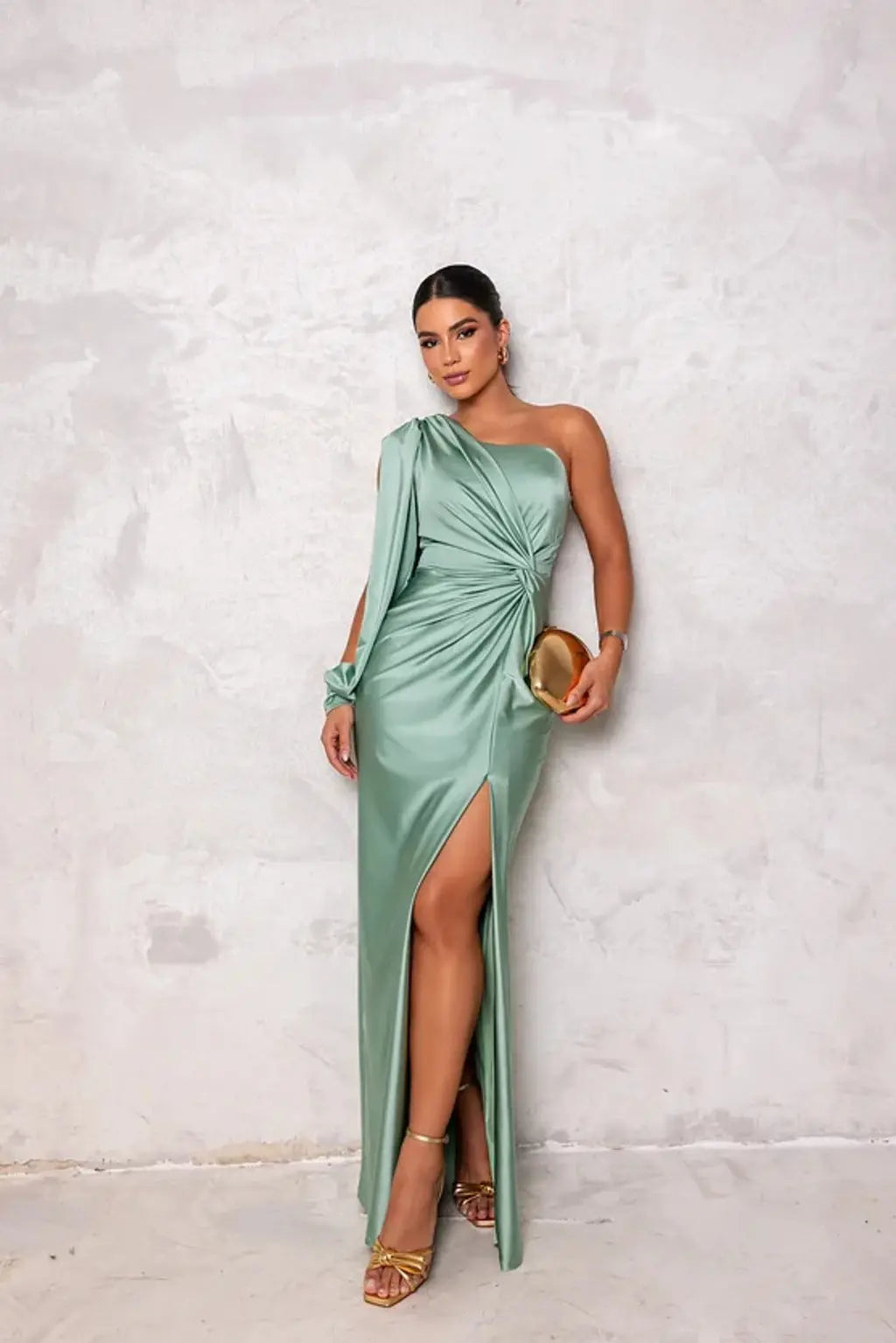 One-Shoulder Satin Slit Maxi Dress – Elegant Evening Gown