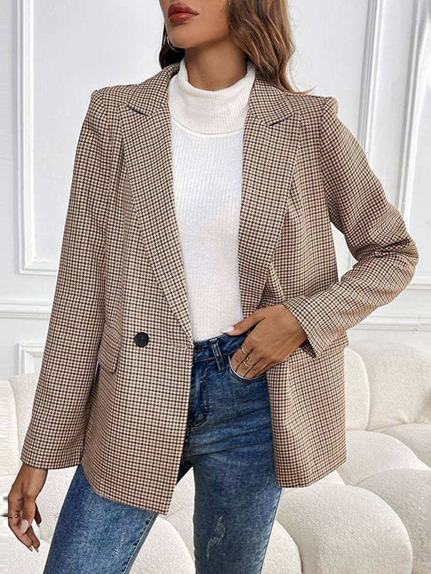 Houndstooth Double-Breasted Blazer – Chic Casual to Formal Outerwear