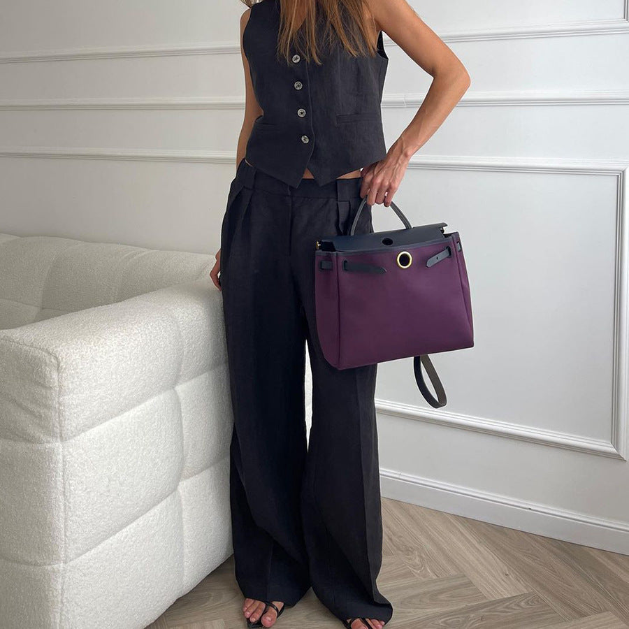 Beige Tailored Vest and Wide-Leg Pants Set – Women’s Two-Piece Suit
