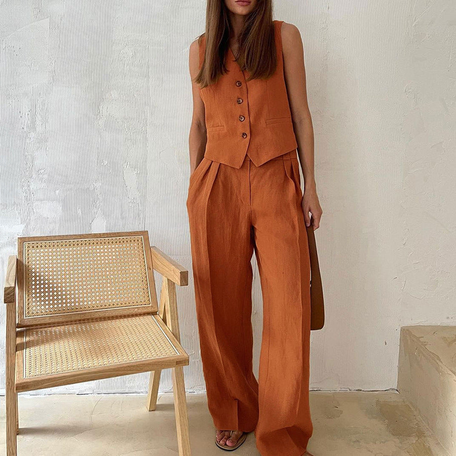 Beige Tailored Vest and Wide-Leg Pants Set – Women’s Two-Piece Suit