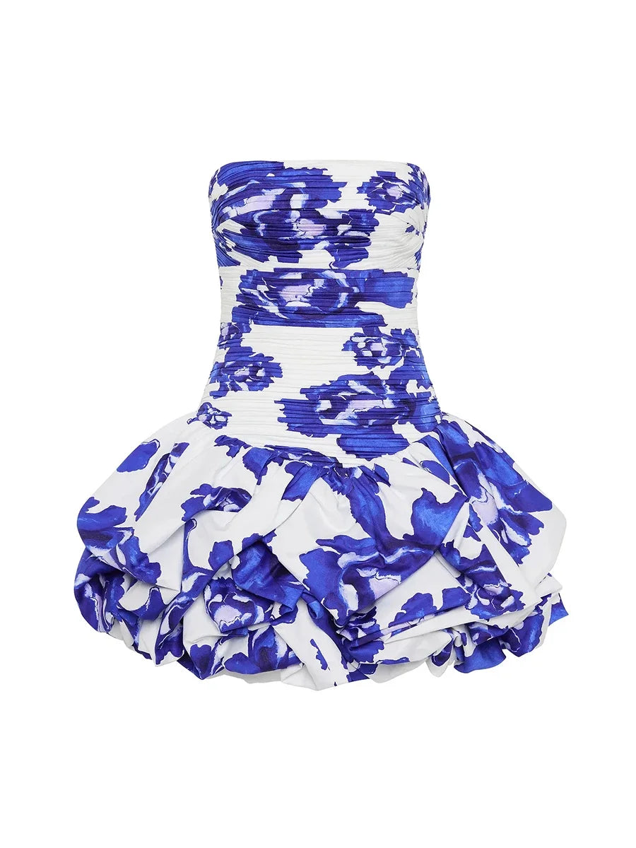Blue and White Floral Strapless Mini Dress – Elegant Party Outfit
